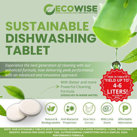 4-6L (32 + 16 Tablets Free) Ecowise Sustainable Dishwashing Tablets - Fresh Lime Scent with Moisturizer